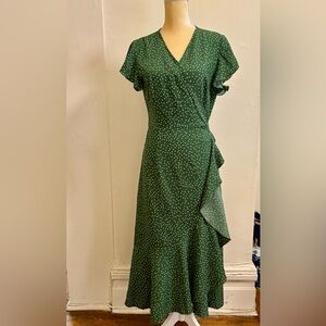Green Polka Dot Wrap-Style Midi Dress